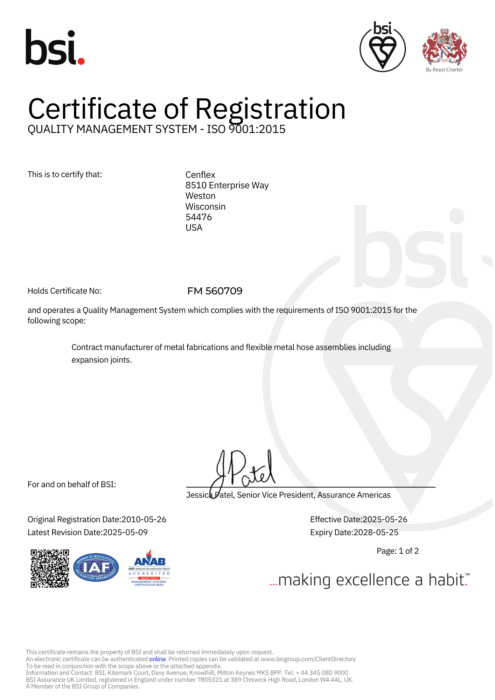 BSI ISO 9001:2015 certificate details for Cenflex — registered activities and locations, page 2 of 2