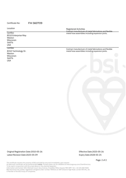 BSI ISO 9001:2015 Certificate of Registration for Cenflex (FM 560709).